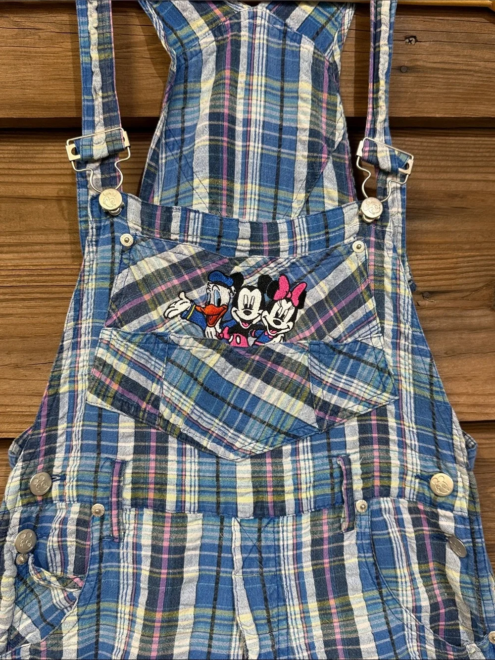 90s Mickey Plaid Overall Shorts